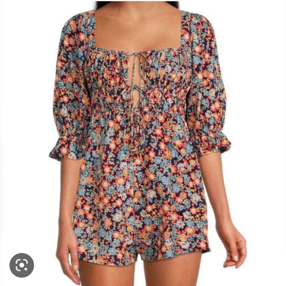NWT Free People linen blend Show Me Love Romper in Navy Combo, M